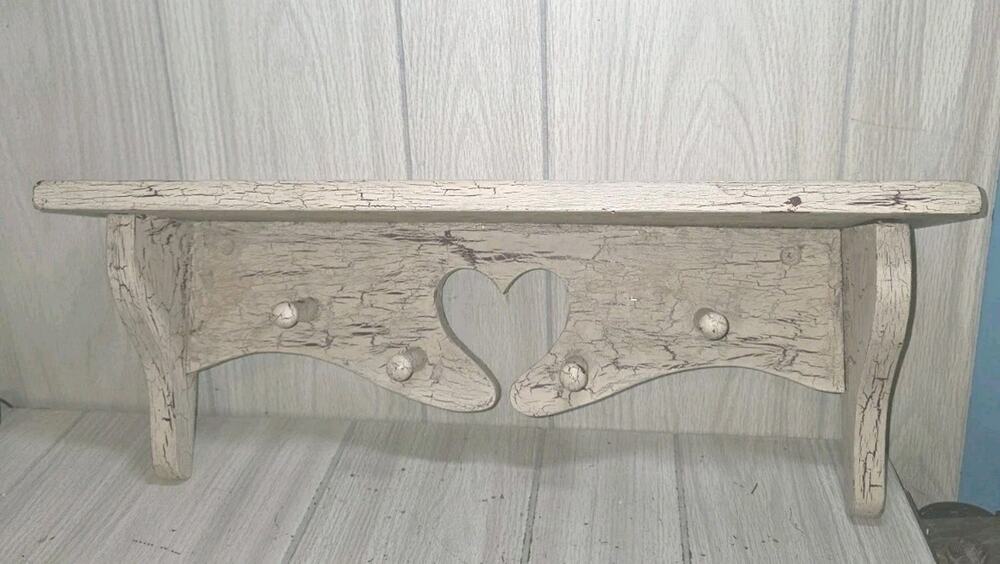 Vintage Heart Cut Out Wooden Wall Shelf White Washed Shabby Chic Pegs Heritage